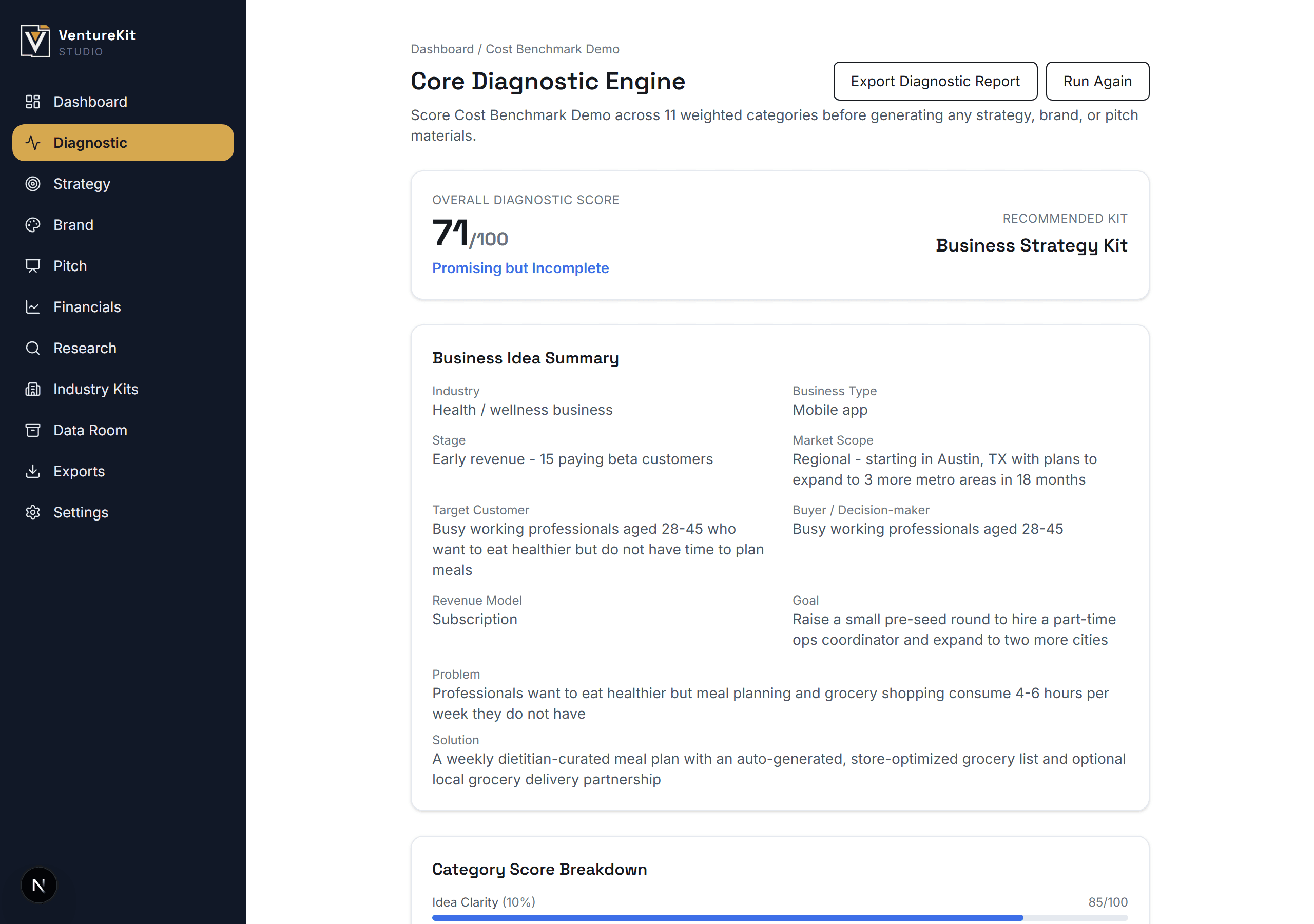 VentureKit Studio diagnostic report showing an overall score of 71 out of 100 and a category breakdown