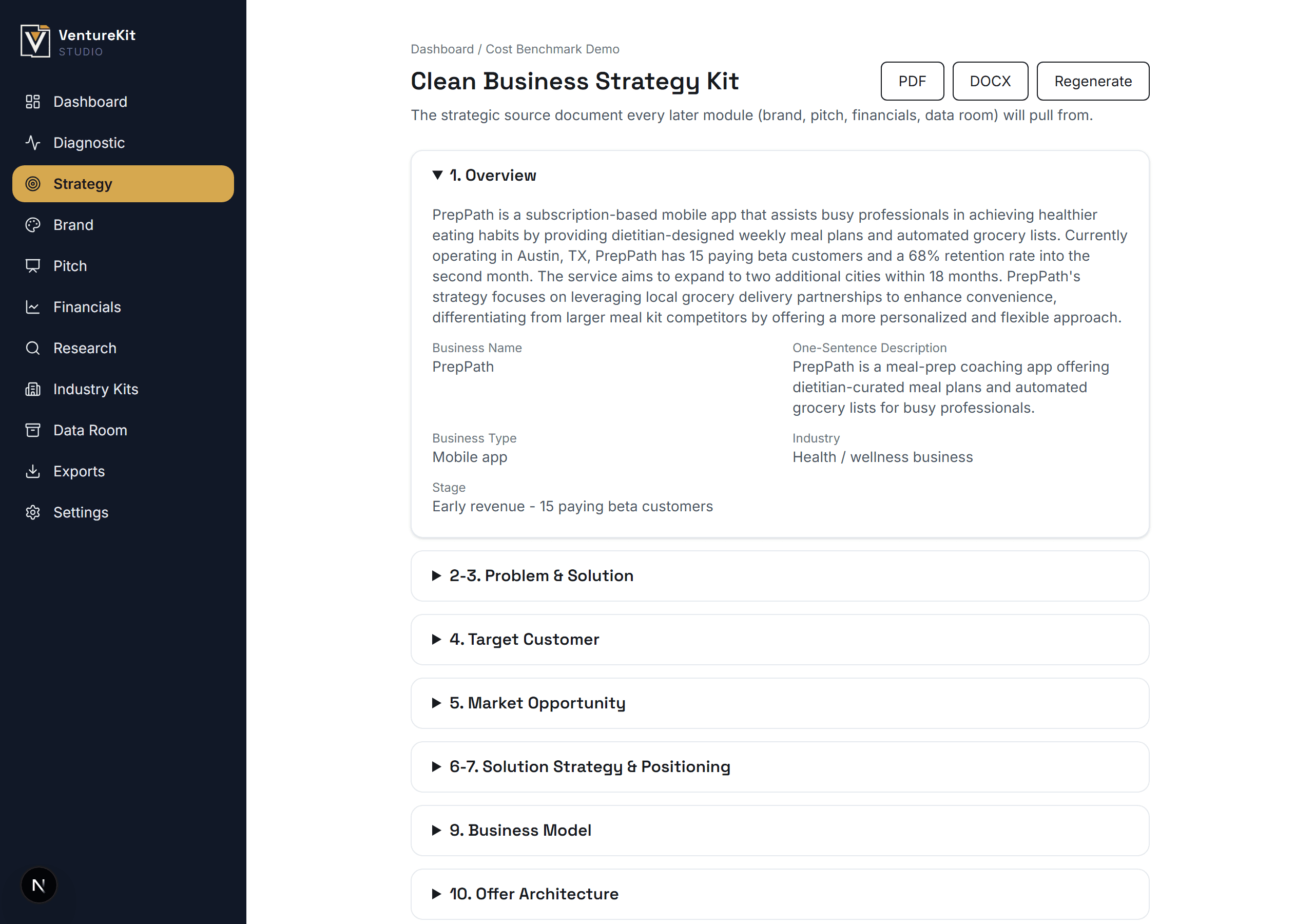 Business Strategy Kit showing overview, problem and solution, and business model sections